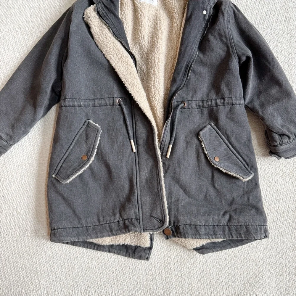 Zara Fleece Lined Black Denim Parka Coat
